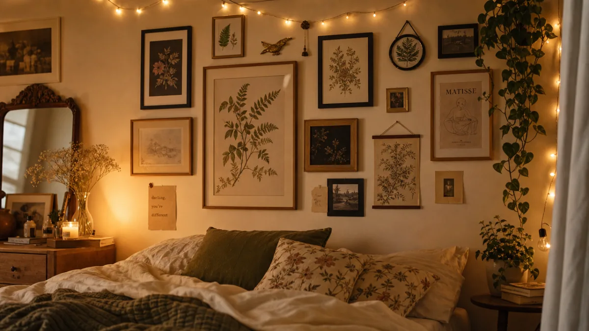 a cozy bedroom gallery wall with mismatched frames, botanical prints, and warm…