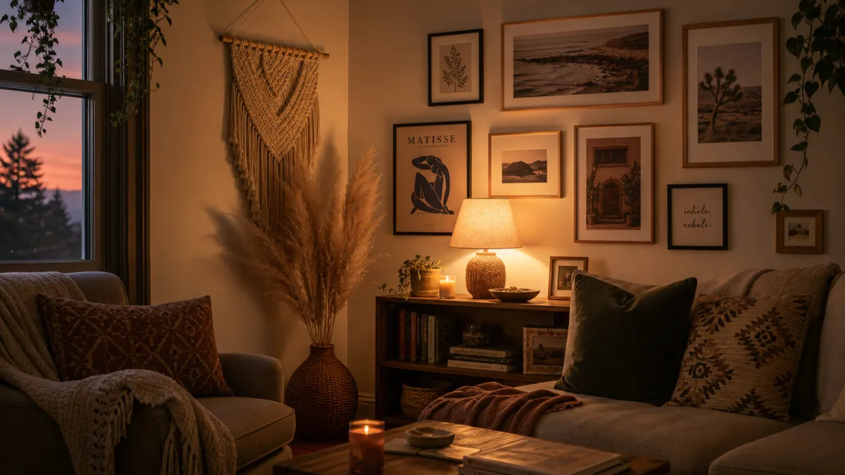 a warm living room corner with a gallery wall, macrame hanging, dried…