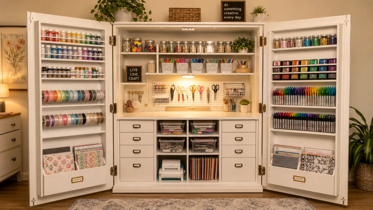 a neatly organized open fold out craft cabinet with colorful supplies visible…
