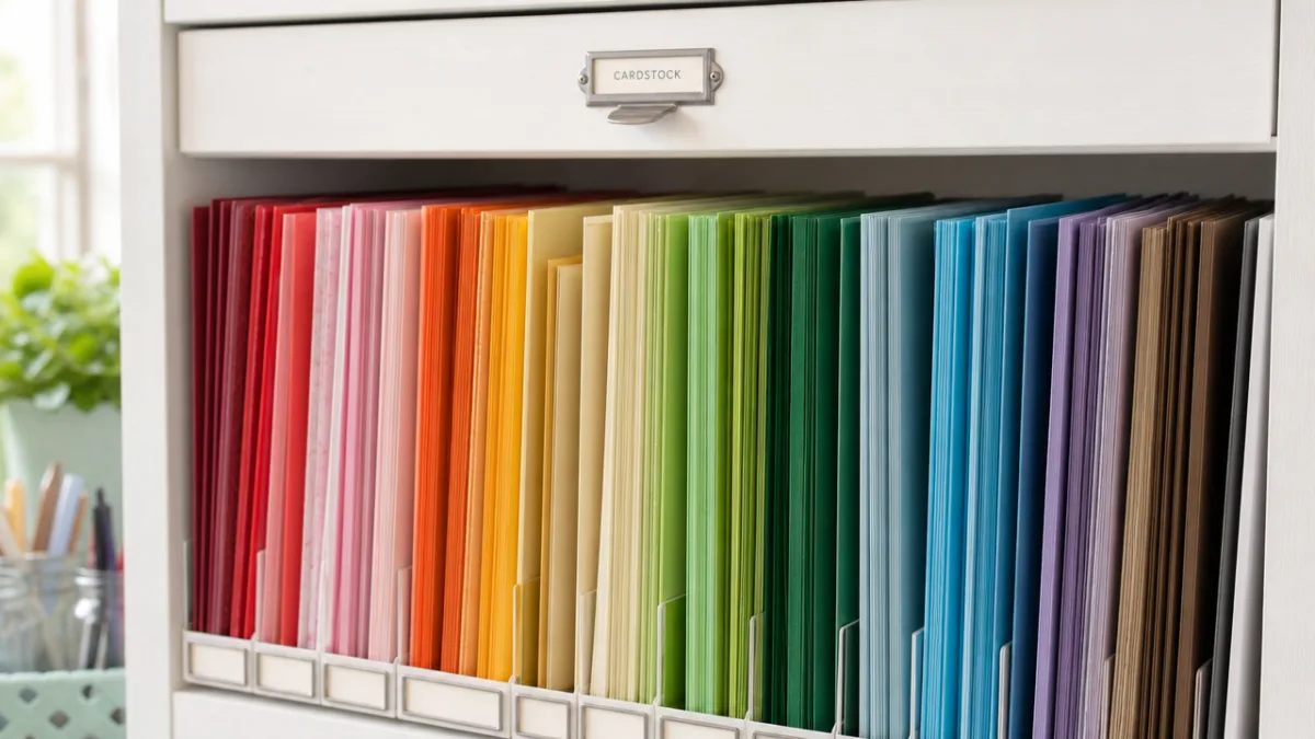 close-up of a craft cabinet paper storage section with colorful organized cardstock…