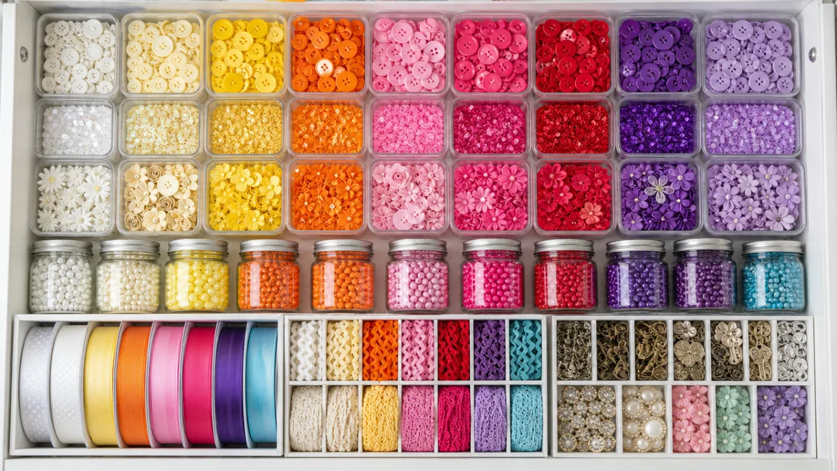 an overhead flat-lay of a craft cabinet embellishment organization with color-sorted containers,…