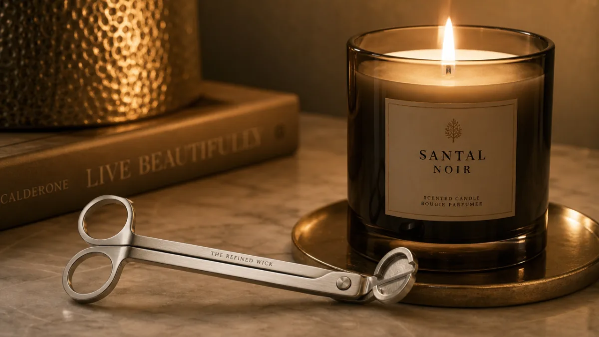 a sleek stainless steel candle wick trimmer resting beside a lit luxury…