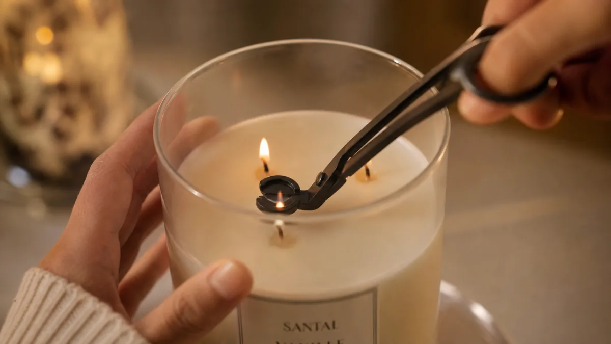 close-up of hands using a wick trimmer inside a deep glass candle…