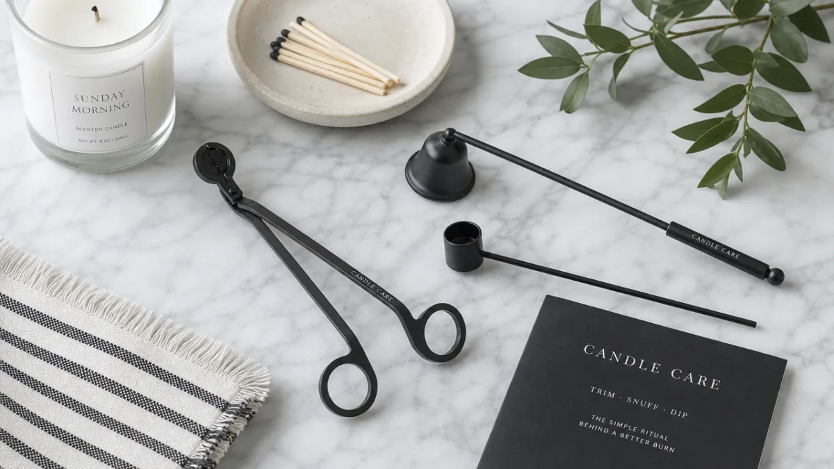 a curated flat-lay of candle care accessories including trimmer, snuffer, and dipper…