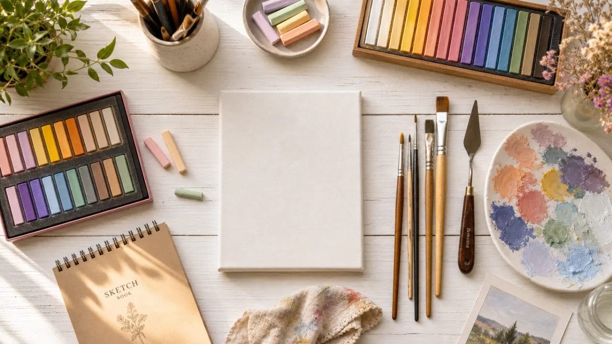 a neatly arranged art supply flat lay with soft pastel paints, brushes,…