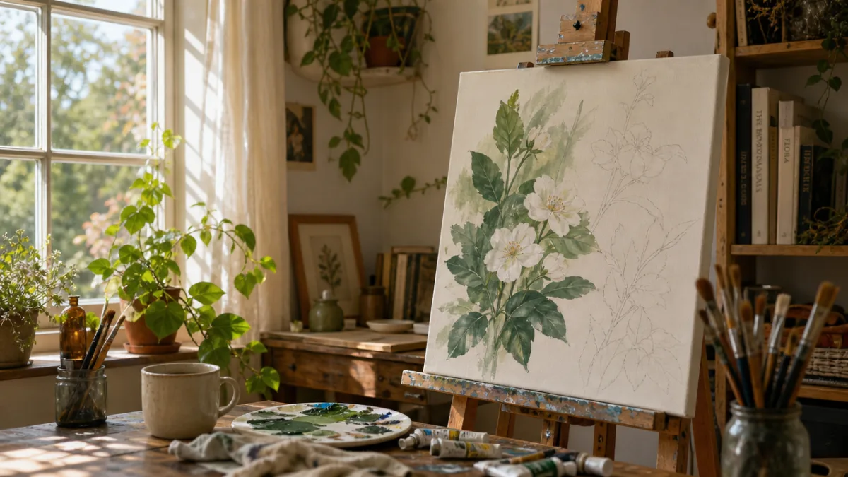 a cozy artist workspace with a half-finished botanical painting on canvas, soft…