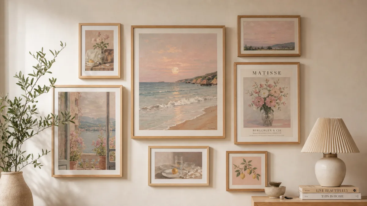 a beautifully styled gallery wall with framed pastel aesthetic paintings in natural…