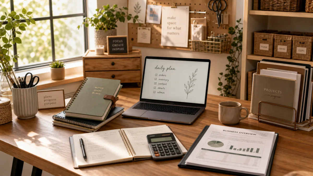 a well-organized craft studio desk with notebooks, calculator, and business paperwork, warm…