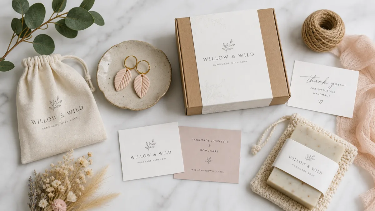 a beautifully styled flat lay of handmade craft products, brand packaging, and…