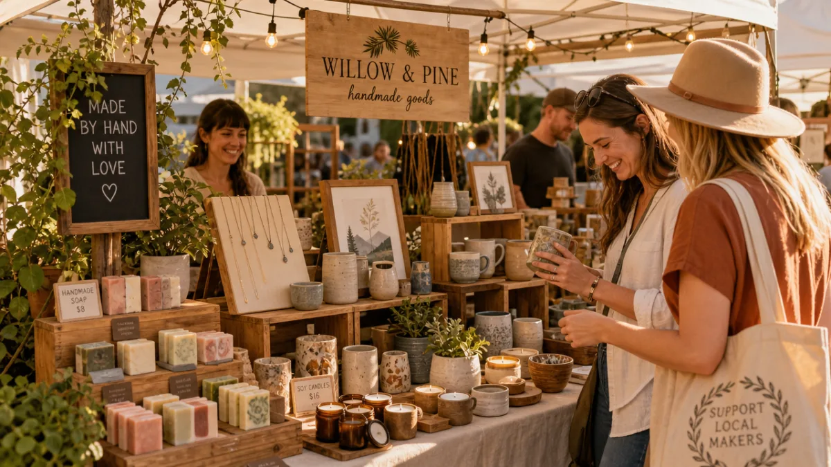 a lively craft fair booth with handmade products beautifully displayed on wooden…