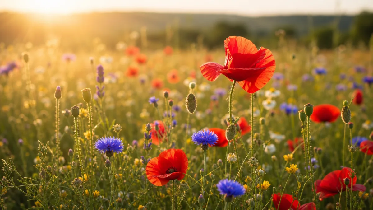 a sun-drenched wildflower meadow with poppies and cornflowers, golden afternoon light, shallow…