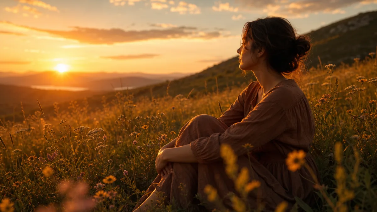 a woman sitting quietly in a wildflower field at golden hour, warm…
