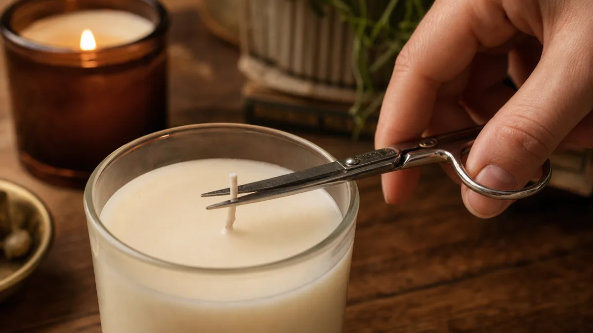 a close-up of a hand trimming a white candle wick with silver…