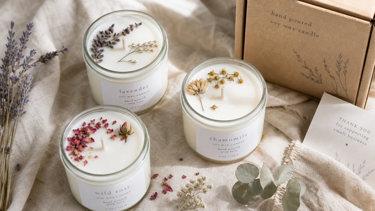 a styled flat lay of natural soy wax candles in glass jars…