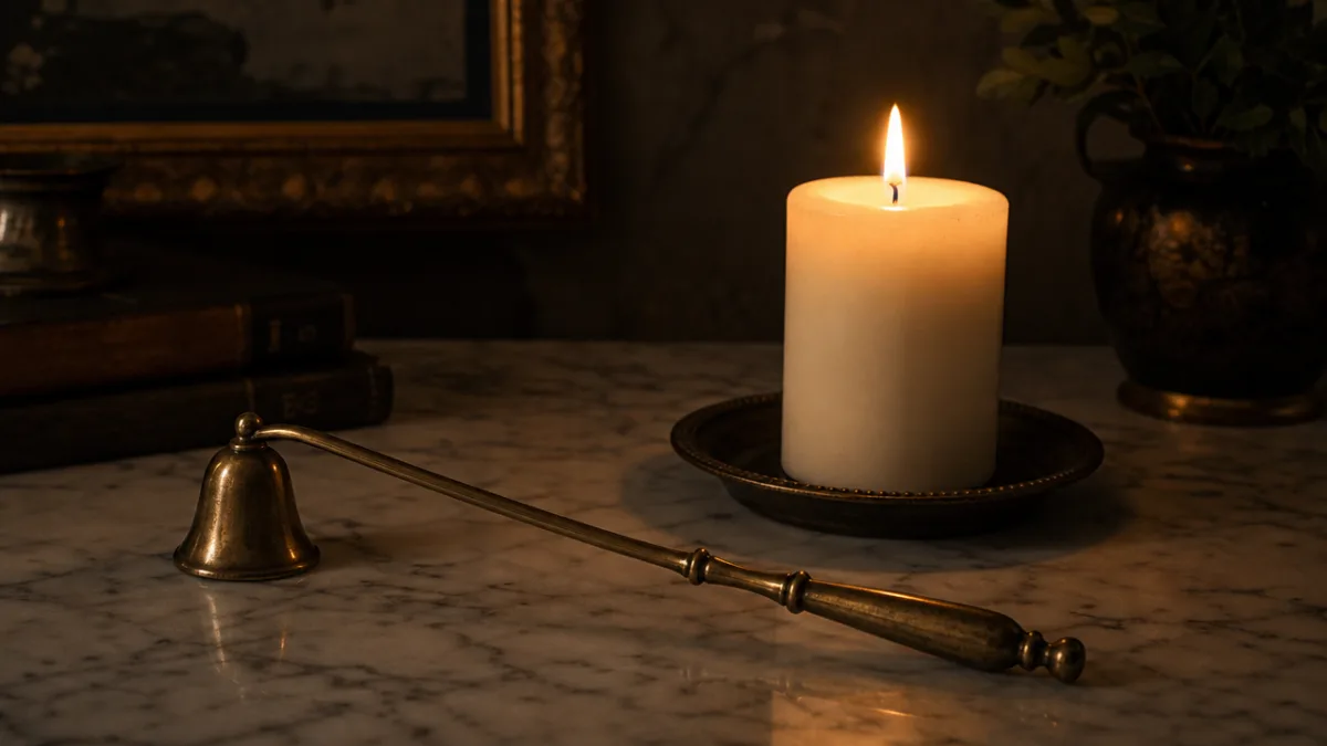 a candle snuffer resting beside a lit white pillar candle on a…