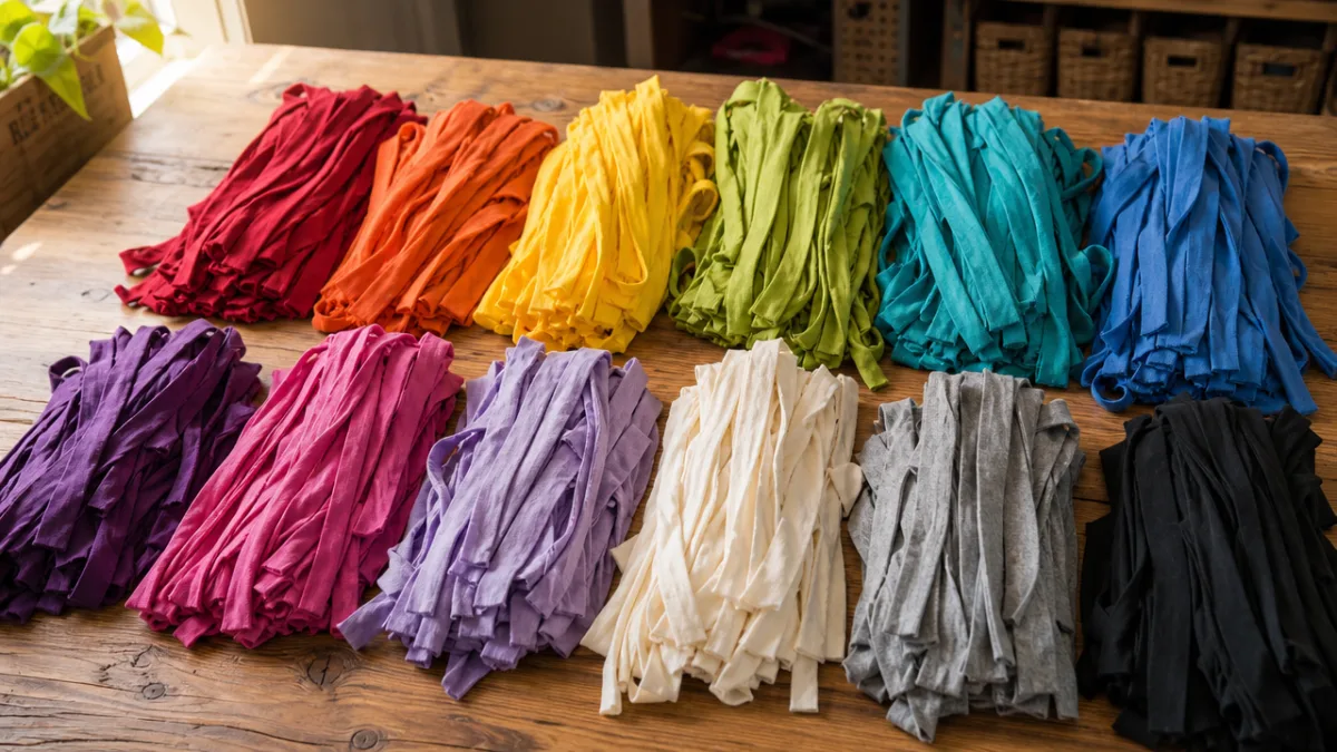 colorful t-shirt fabric strips sorted by color in neat piles on a…