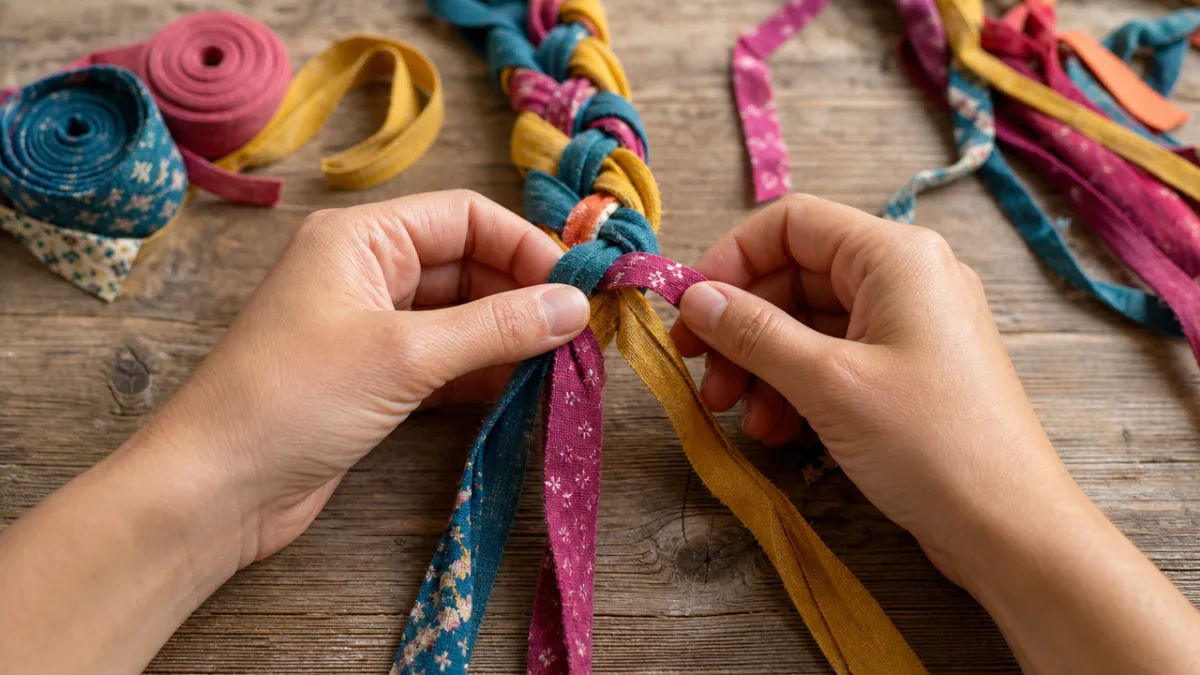 hands actively braiding colorful fabric strips on a rustic wooden surface, soft…