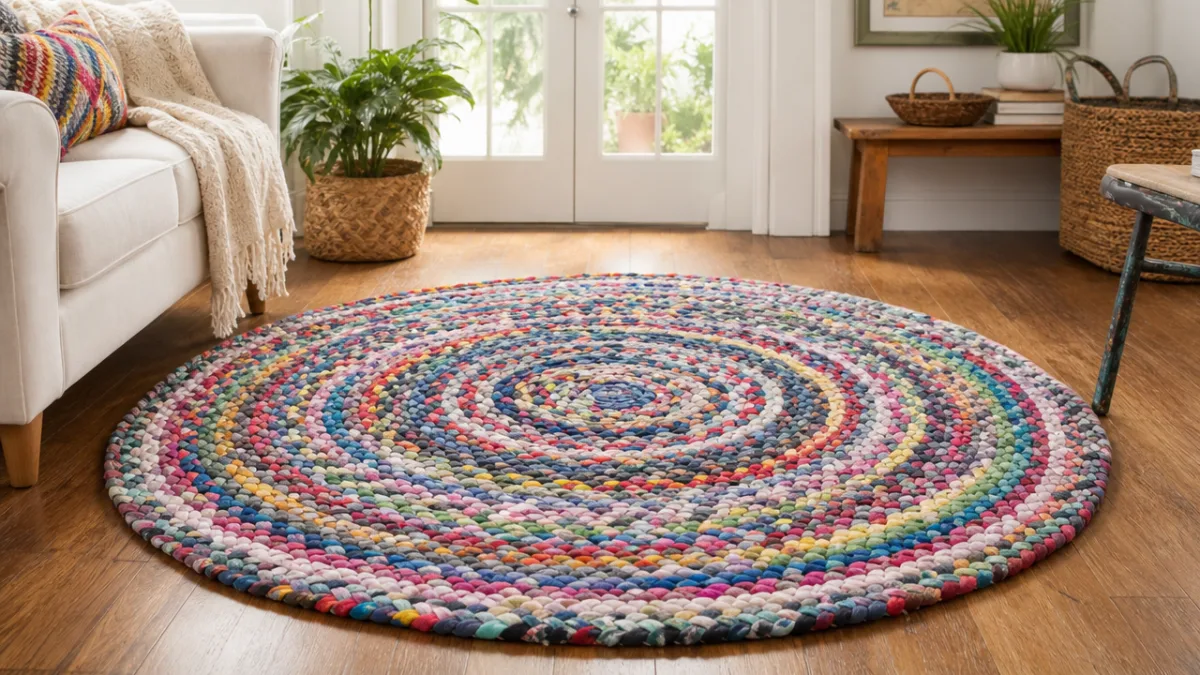 finished colorful braided t-shirt rag rug on a warm wood floor, bright…