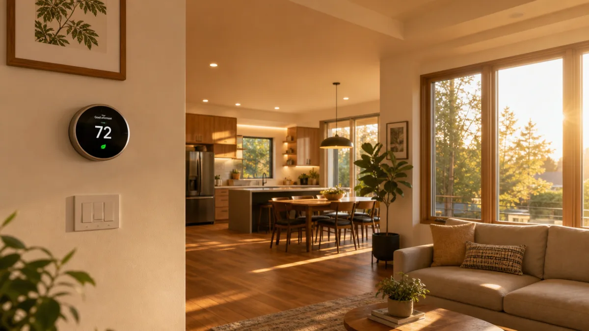 a modern energy-efficient home interior with warm ambient lighting, smart thermostat on…