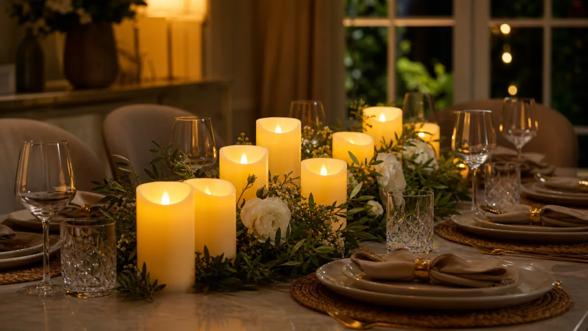 a beautifully styled dining table with grouped flameless pillar candles, soft warm…