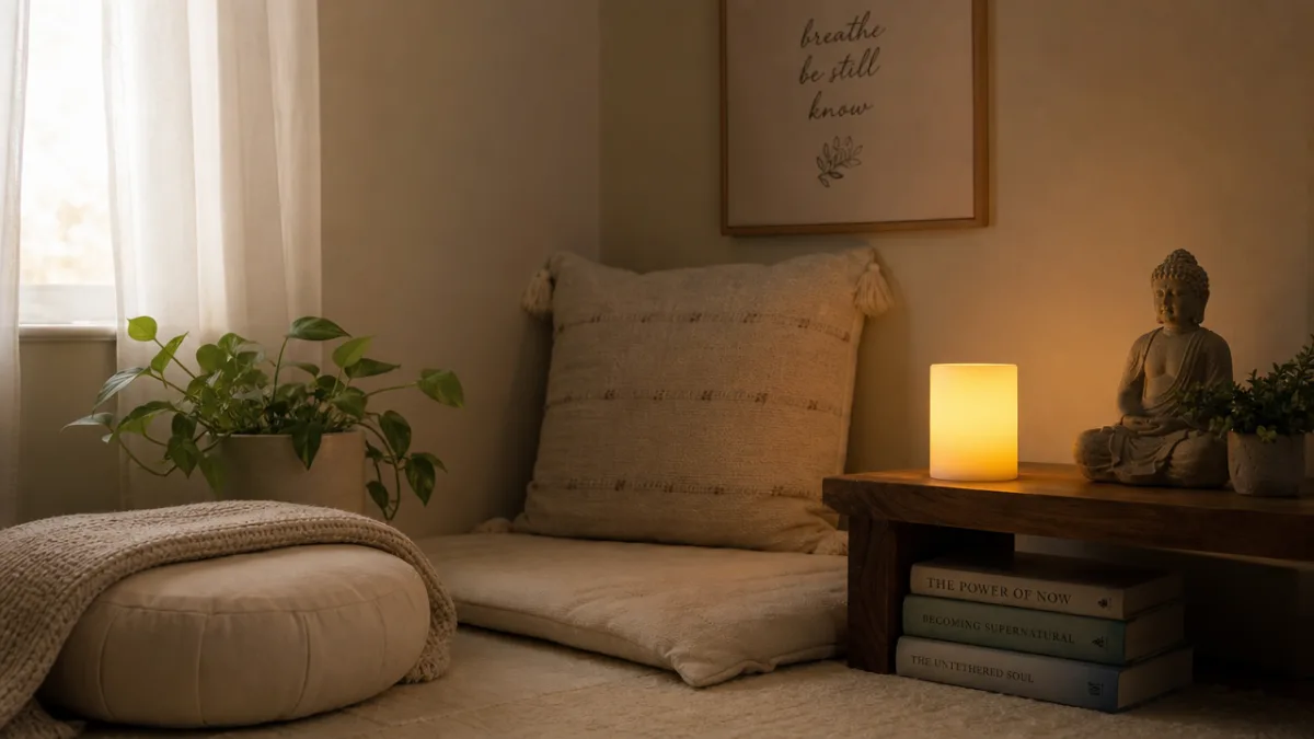 a cozy meditation corner with a single glowing flameless pillar candle, soft…