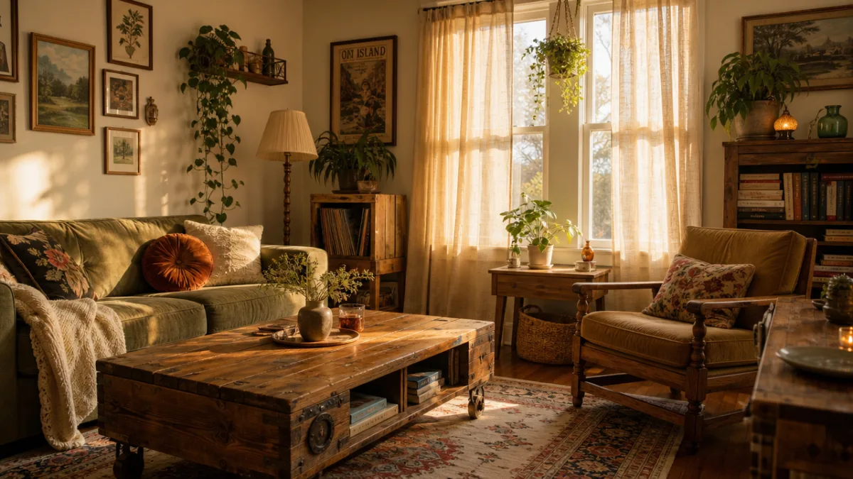 a cozy living room featuring upcycled wooden furniture and thrifted decor, warm…