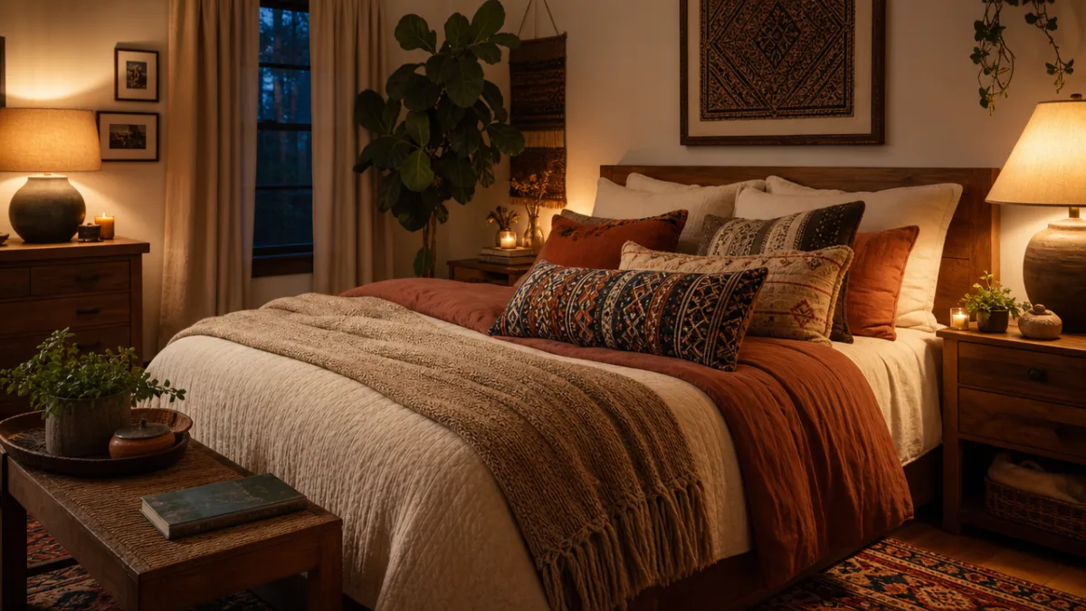 a warm bedroom with layered textiles, handmade throw pillows, and soft ambient…