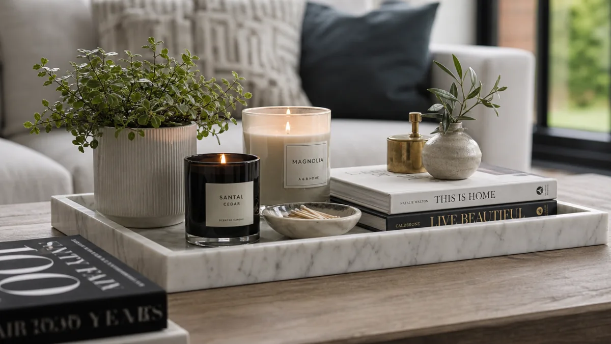 a styled coffee table vignette with candles, books, and small plants on…