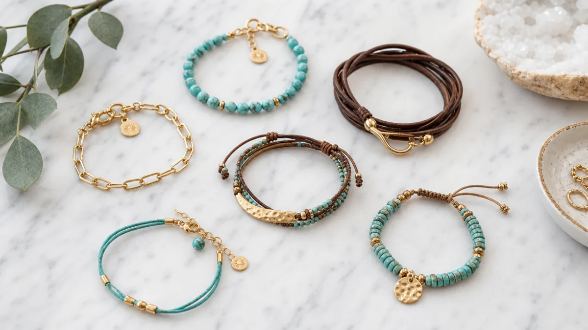 a flat lay of handcrafted bracelets in gold, turquoise, and leather on…