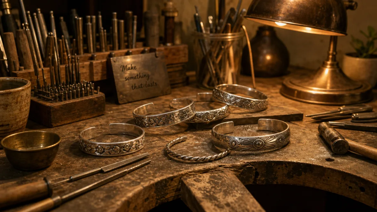 a jeweler's workbench with handcrafted silver bracelets, tools, and warm workshop lighting…