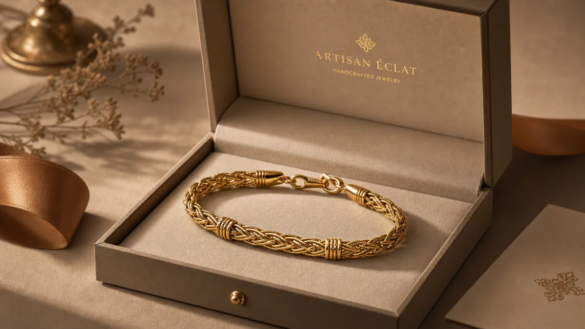 an elegant gift box open to reveal a handcrafted gold bracelet, soft…