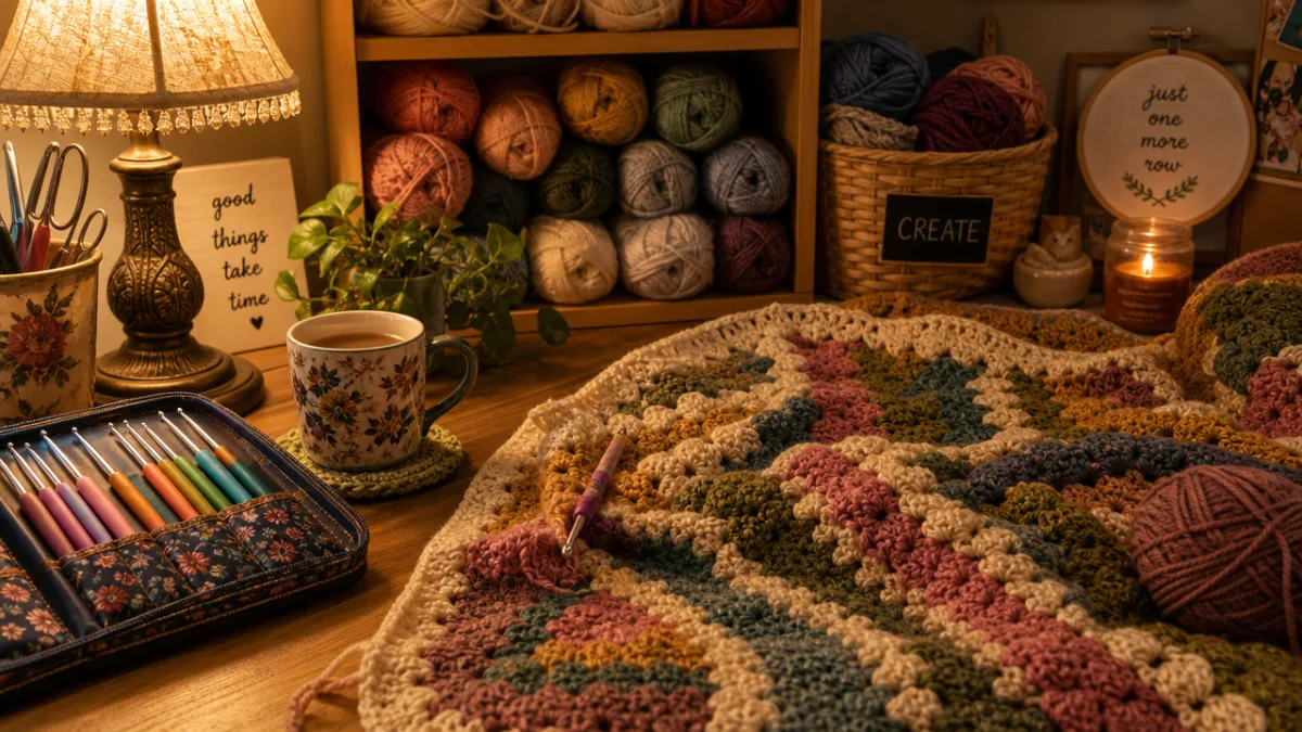 a cozy crafting workspace with crochet hooks, colorful yarn skeins, and a…
