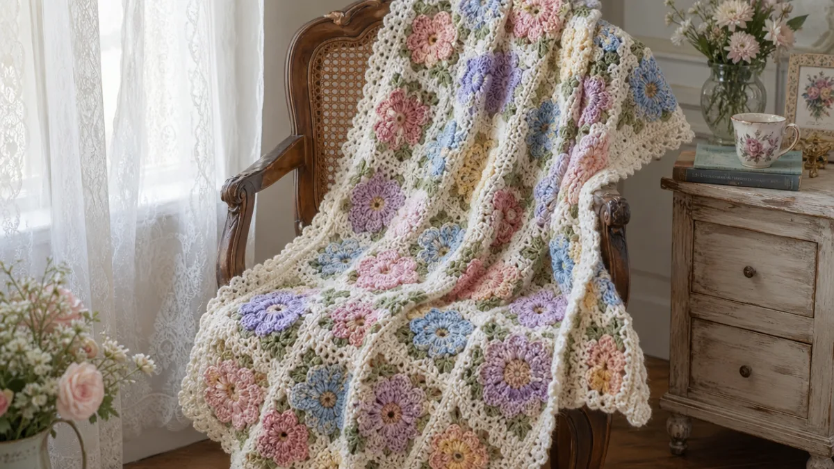 a finished floral crochet blanket draped over a vintage wooden chair, soft…