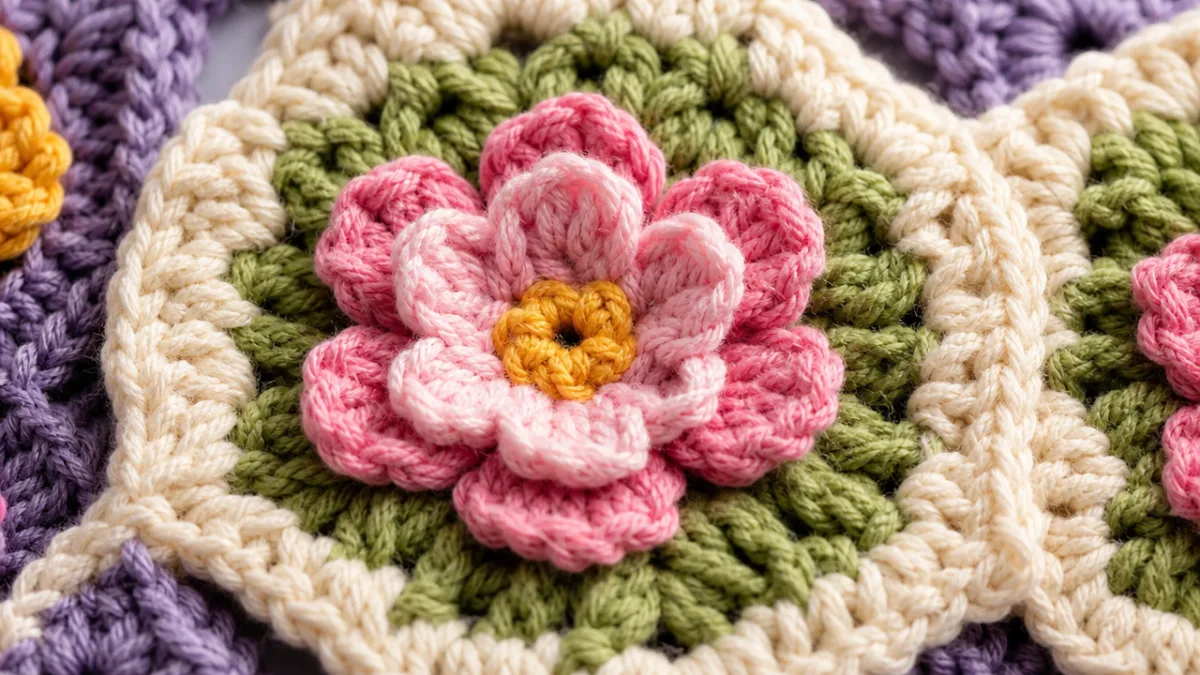 close-up of colorful crochet stitches showing floral pattern detail, soft diffused studio…