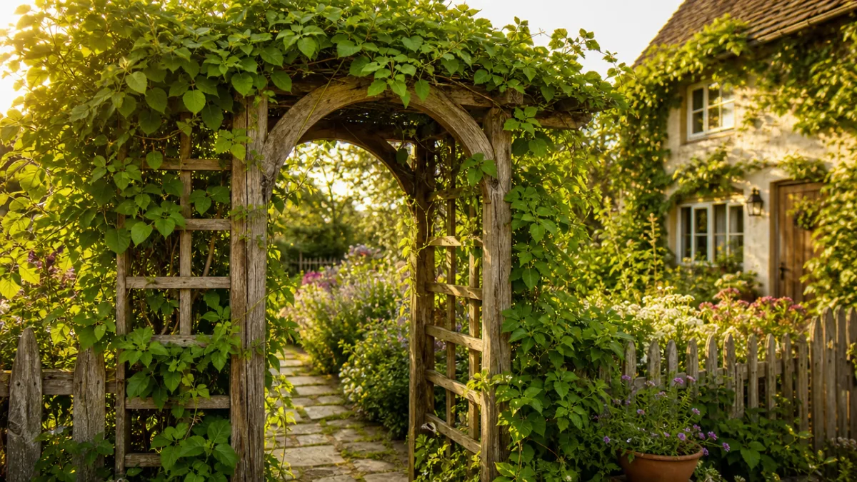 a rustic wooden trellis covered in climbing green vines in a sunlit…