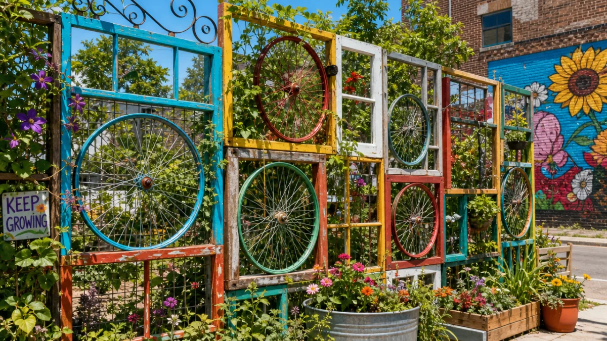 a colorful upcycled trellis made from vintage window frames and bicycle wheels…