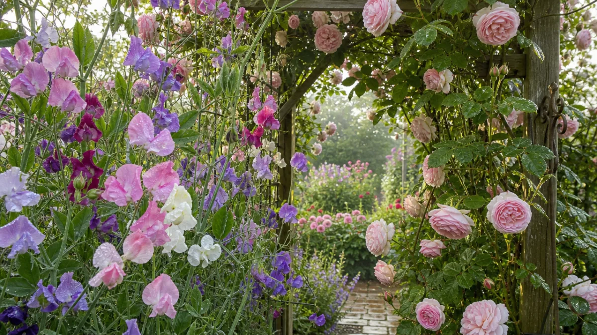 a lush spring garden trellis covered in blooming sweet peas and climbing…