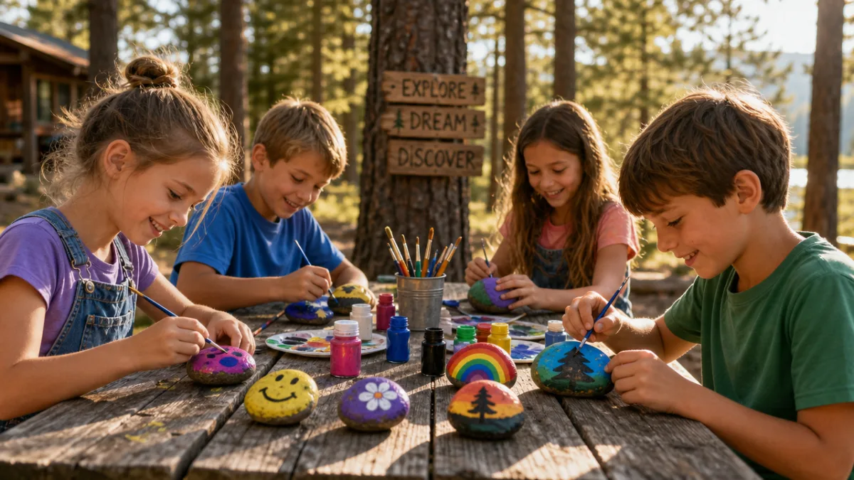 children painting colorful rocks at a rustic wooden picnic table surrounded by…
