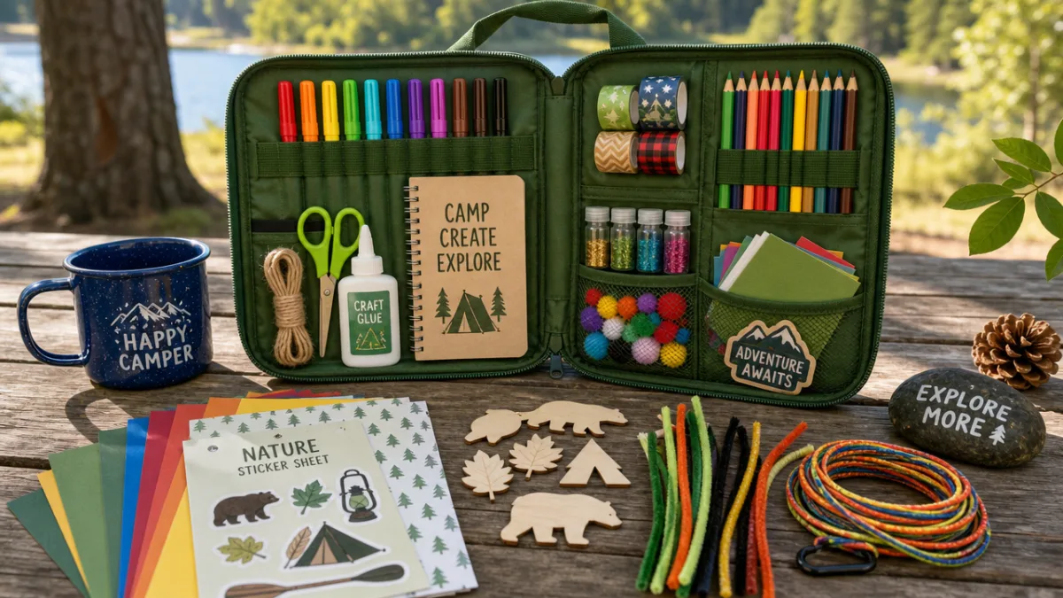 a neatly organized camping craft kit spread open on a wooden table…