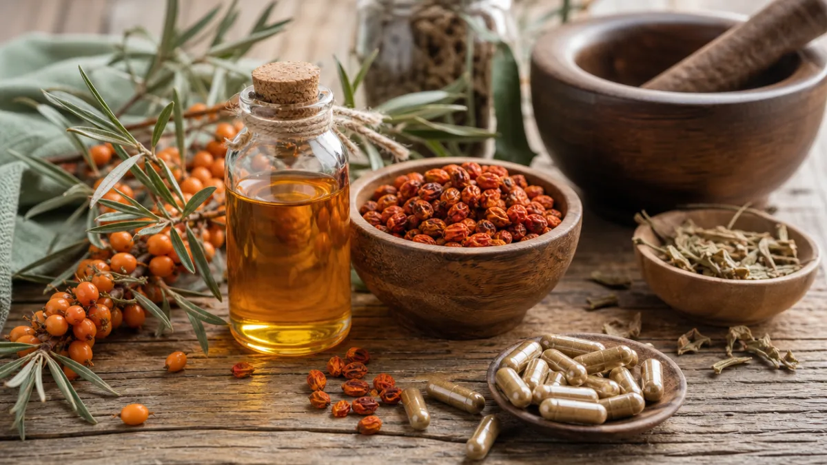 a rustic wooden table with sea buckthorn oil, dried berries, and herbal…