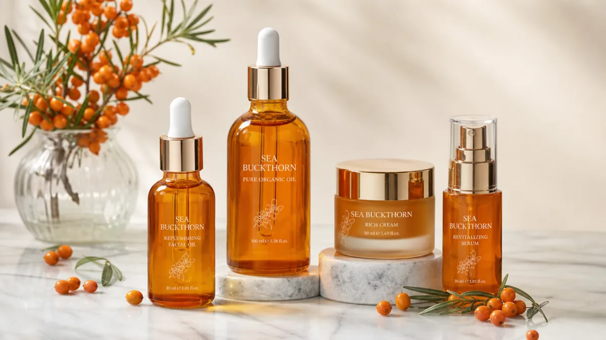 elegant glass bottles of amber sea buckthorn oil and cosmetic products on…