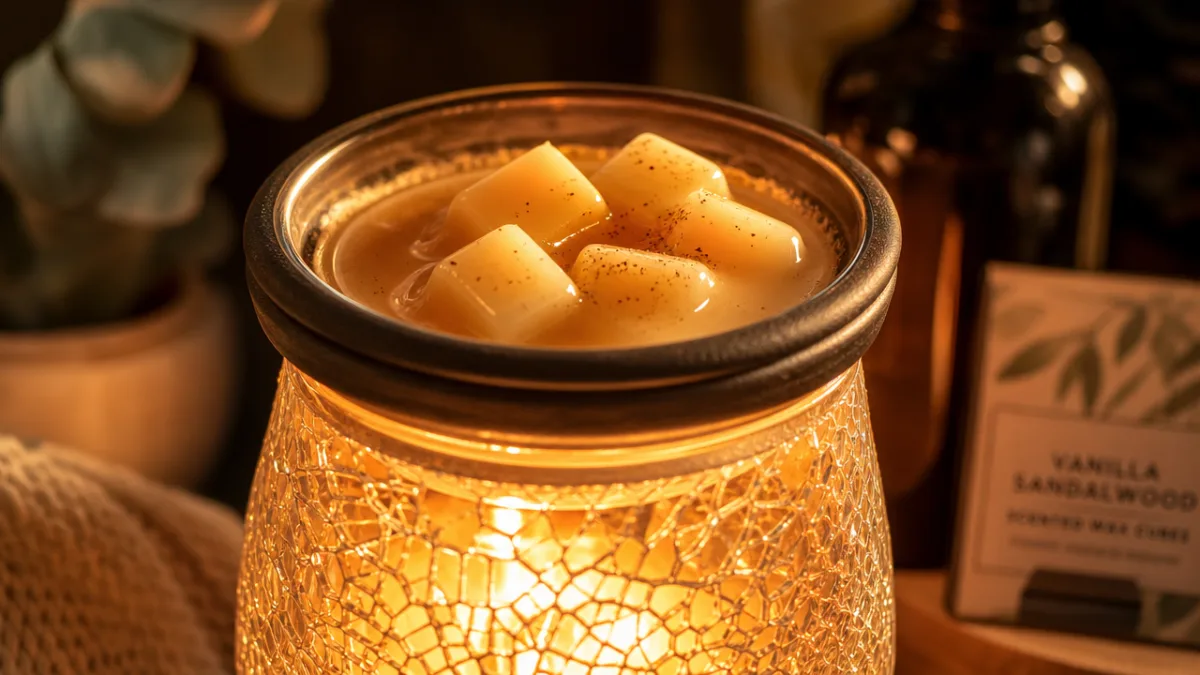 a close-up of a glowing electric wax warmer melting scented wax cubes,…