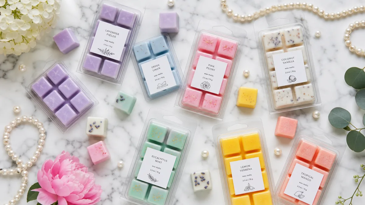 an overhead flat lay of colorful wax melt cubes, clamshells, and pearl…