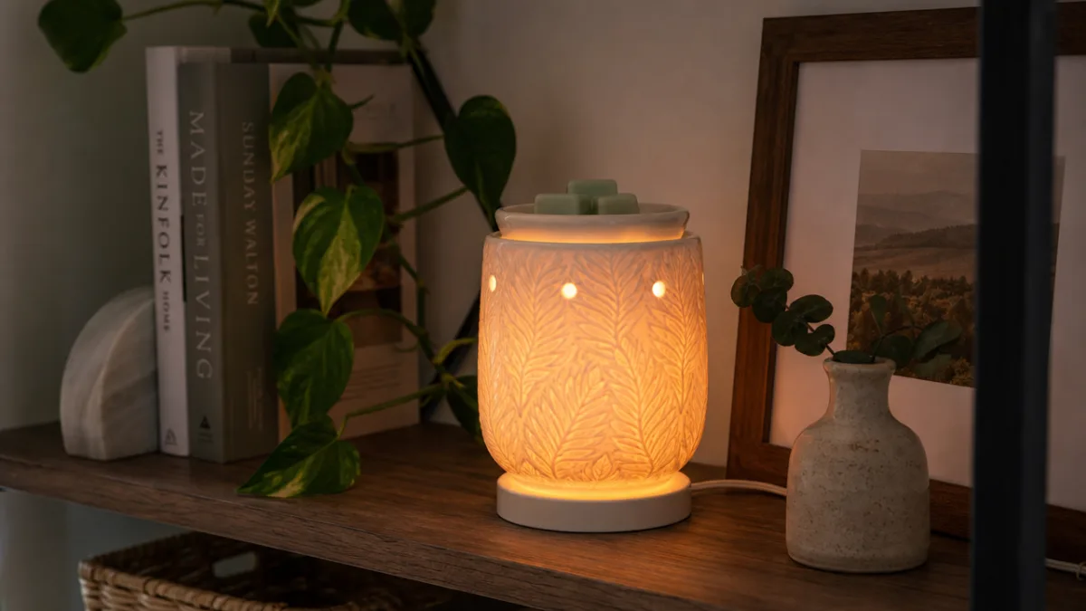 a styled home interior scene with an electric wax warmer glowing on…