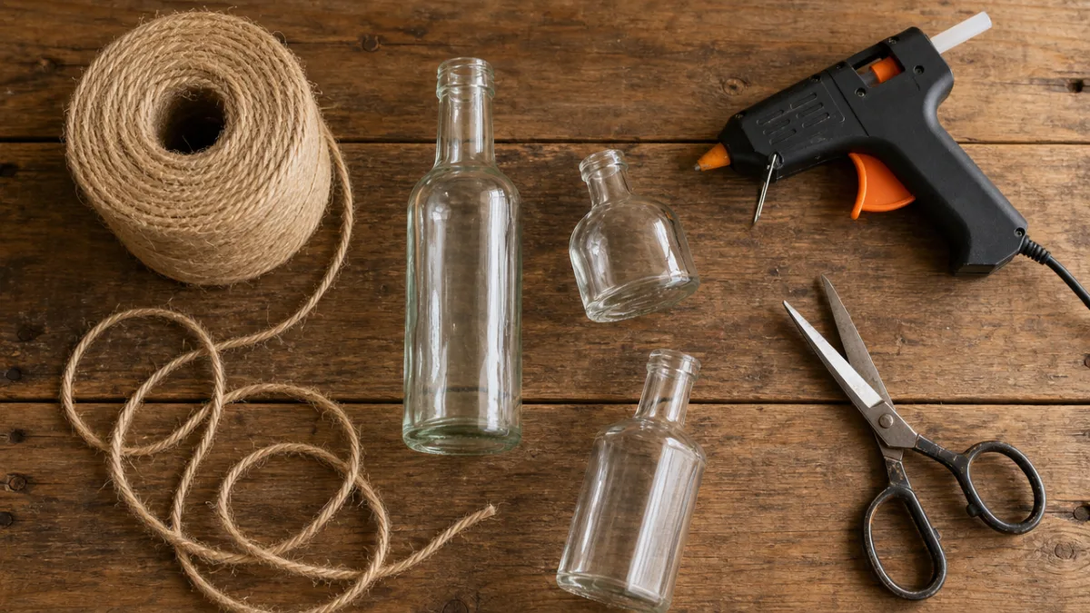 flat lay of jute rope, glass bottles, hot glue gun, scissors on…