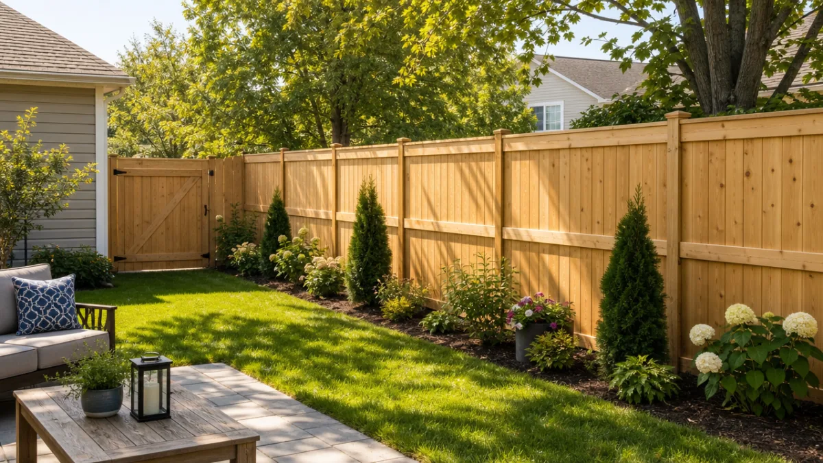 a sunny suburban backyard with a freshly built natural wood privacy fence,…