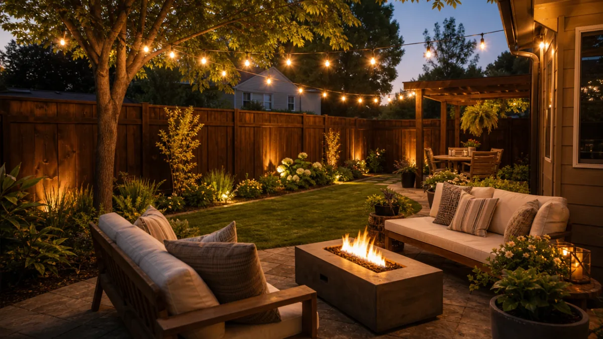 a beautifully landscaped backyard with a stained wood privacy fence, string lights…