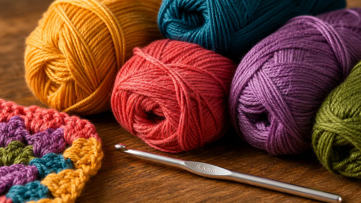 a close-up of colorful crochet threads and a silver hook on a…