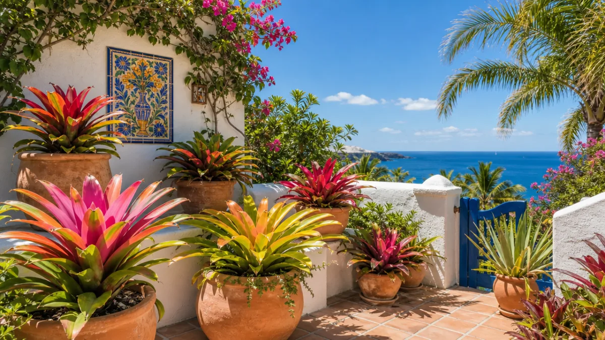 a sun-drenched coastal garden patio with colorful bromeliads in terracotta pots, white…