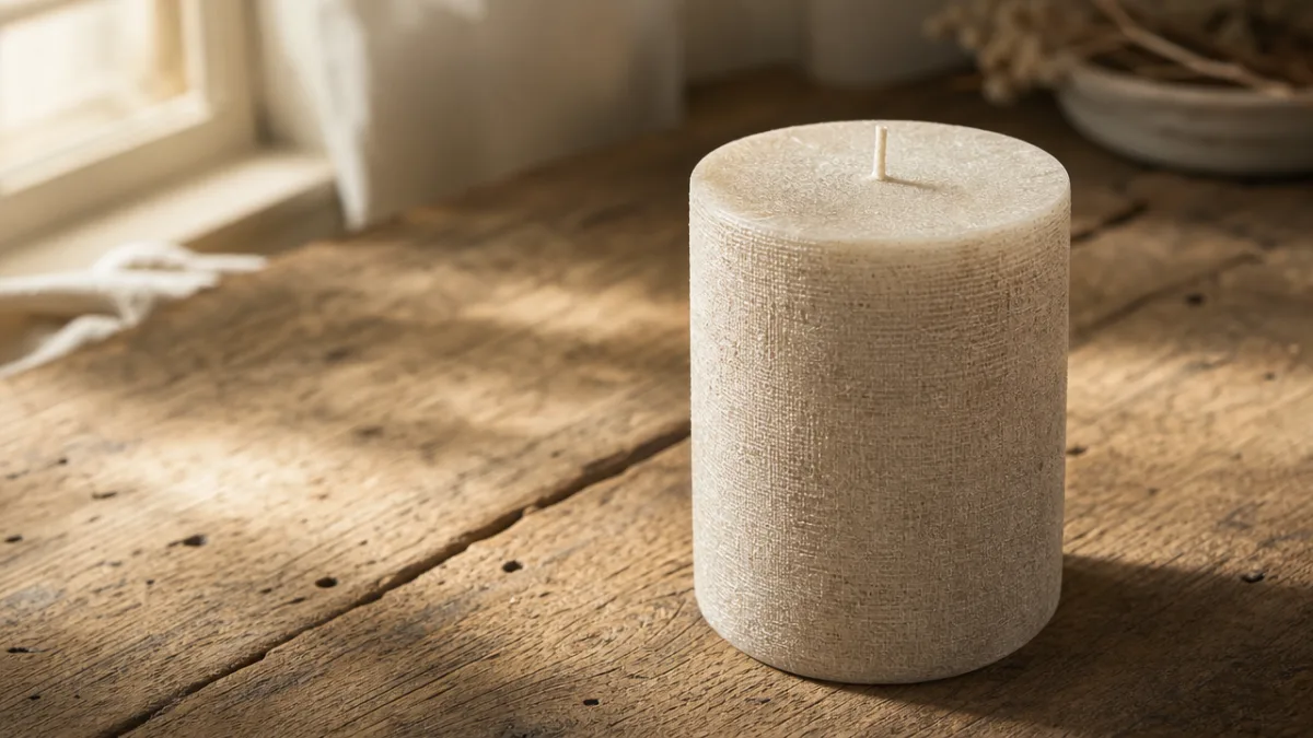 a close-up of an unlit linen-colored candle on a worn oak surface,…